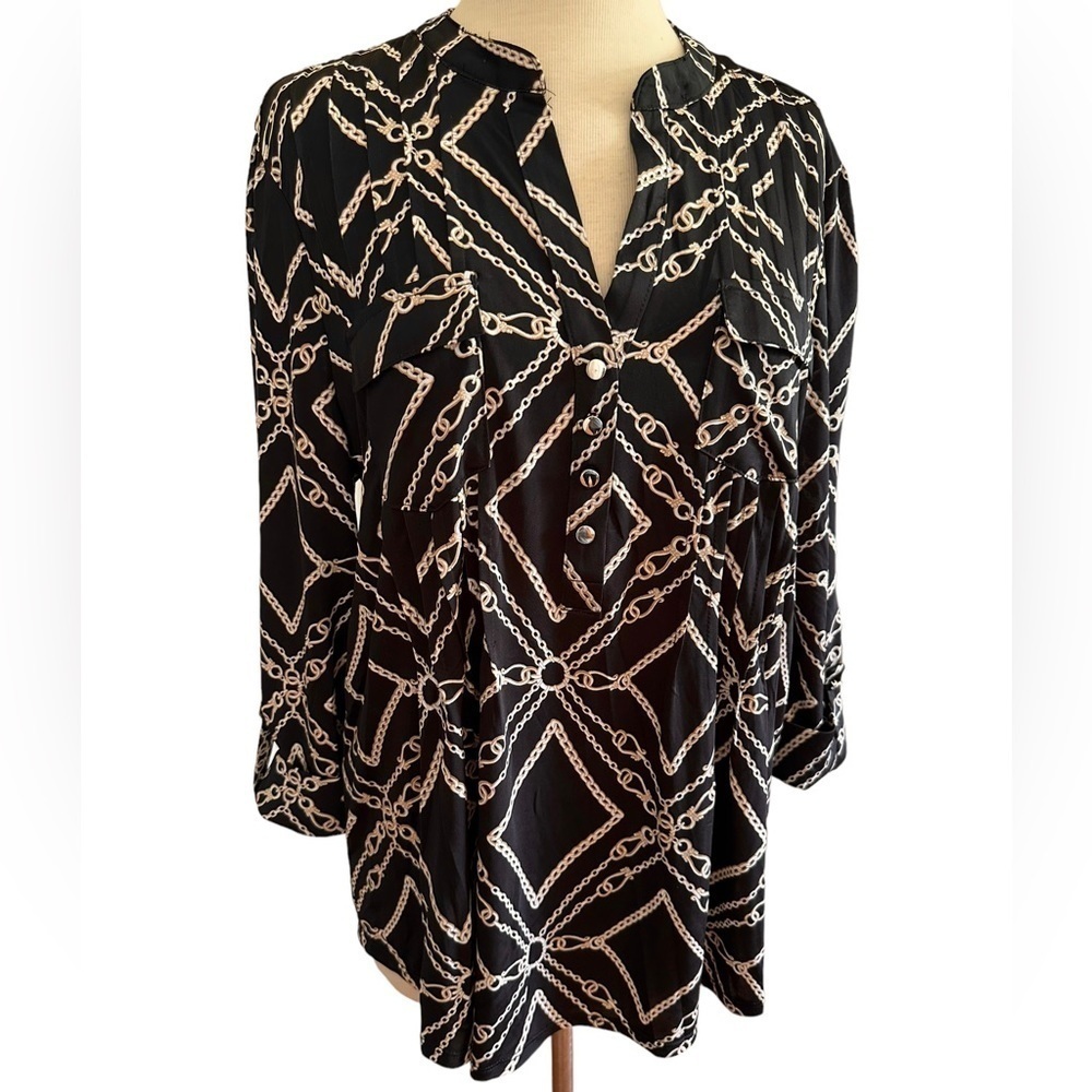 COCOMO XL Black Beige 3/4 sleeve women's Pintuck Blouse tunic shirt - Picture 3 of 12